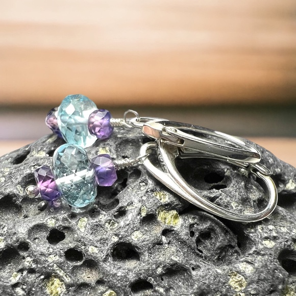 Natural Sky Blue Topaz, Purple Sapphire Earrings Handcrafted Sterling Silver - Picture 4 of 7